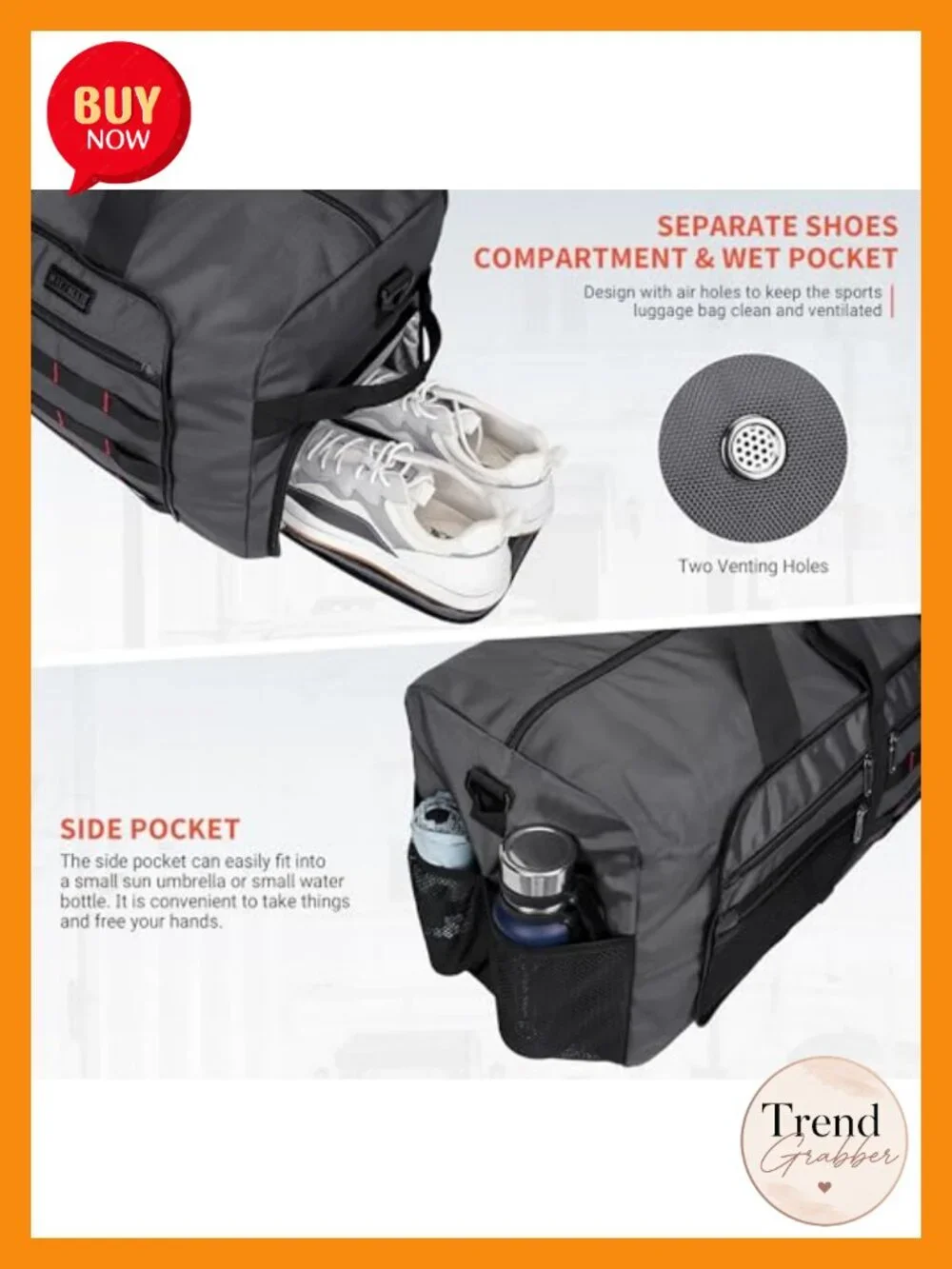 Foldable 65L Duffle Bag for Men Travel with Shoe Compartment Nylon Lightweight